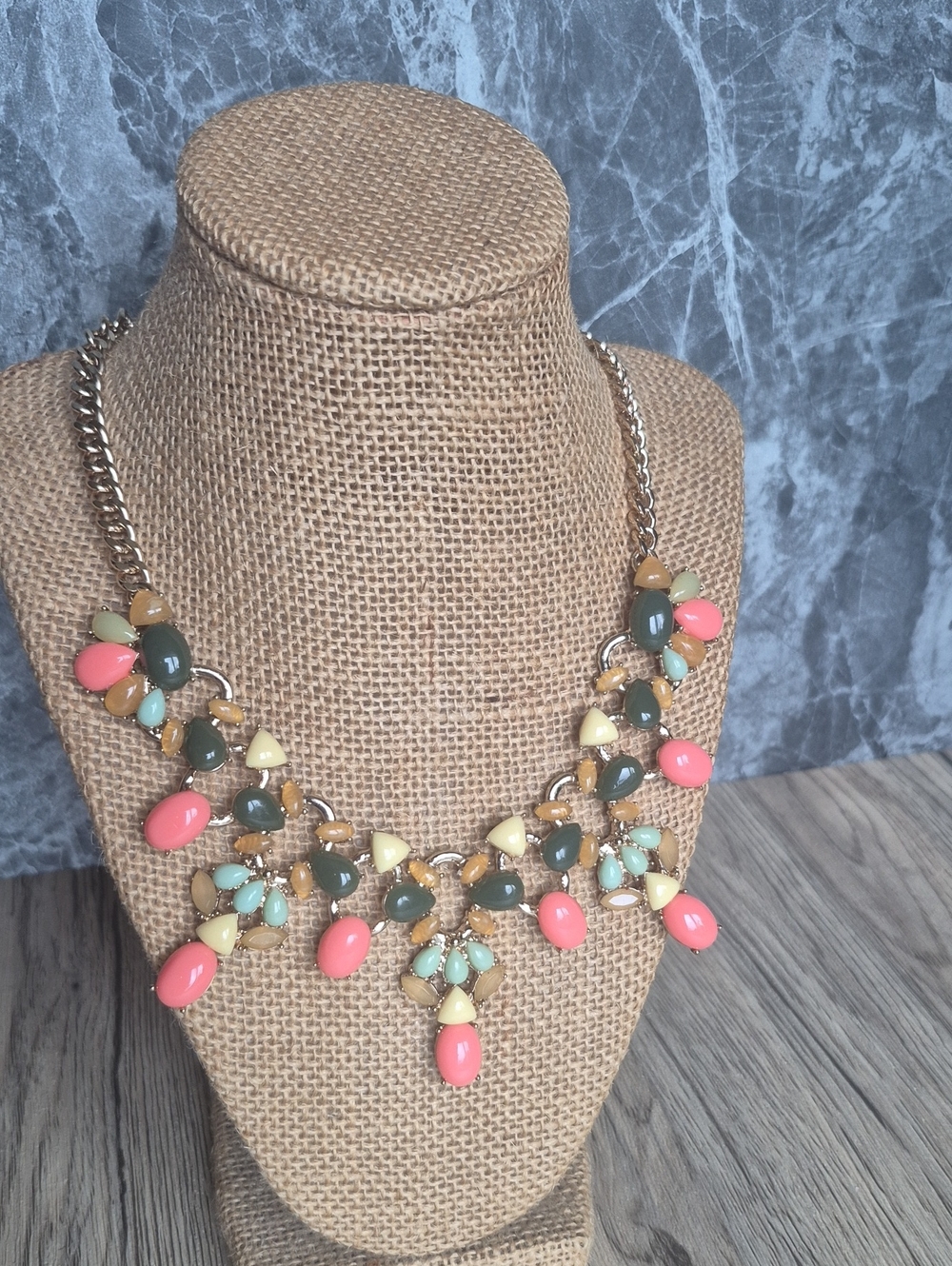Gold-Tone Floral Bib Necklace with Coral, Mint & Olive Accents